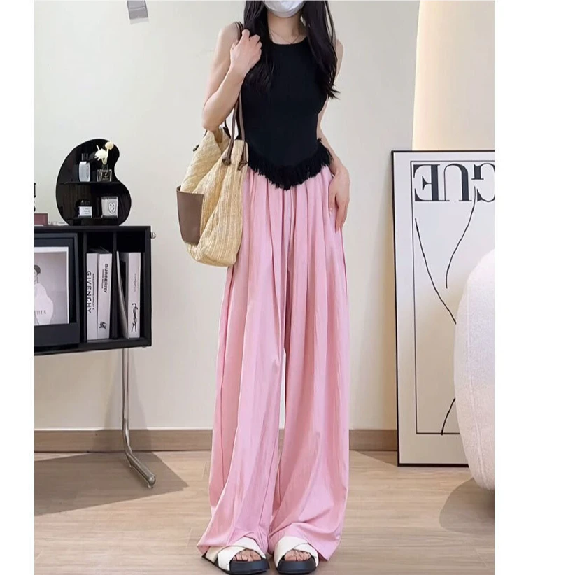 夏季新款休闲裤高腰百搭阔腿裤冰丝垂感直筒裤小个子高腰阔腿裤