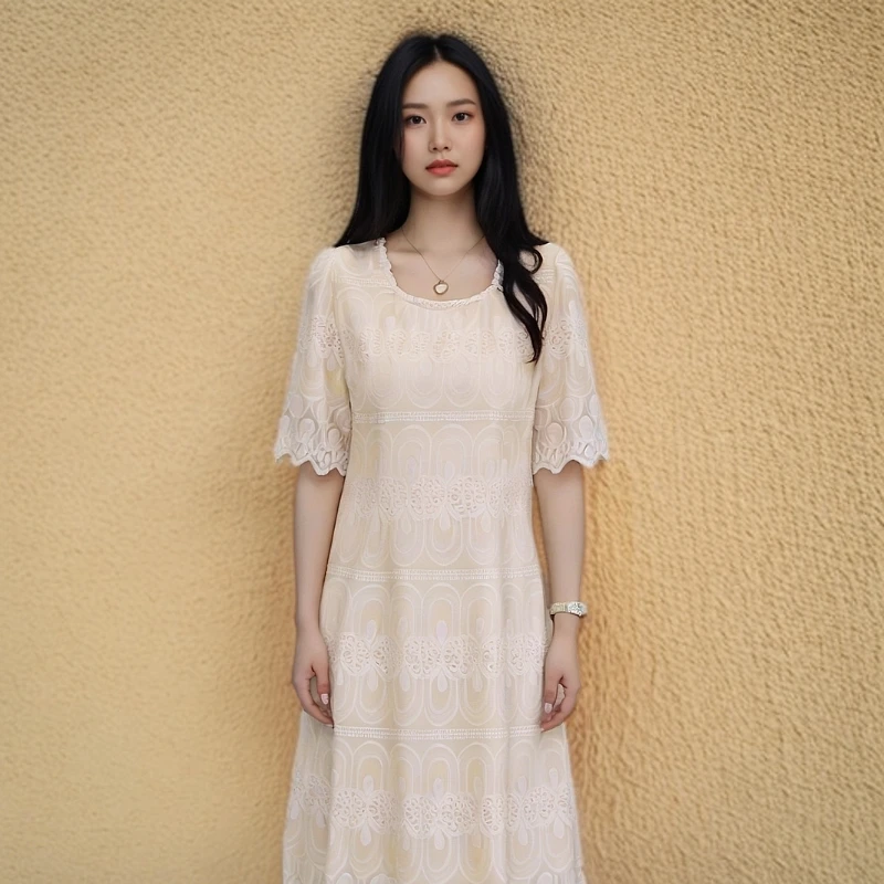 法式蕾丝复古连衣裙新款2025夏季时尚修身显瘦提花镂空收腰裙子