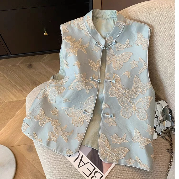 新中式国风马甲重工提花马夹背心女外穿盘扣无袖立领坎肩上衣春季