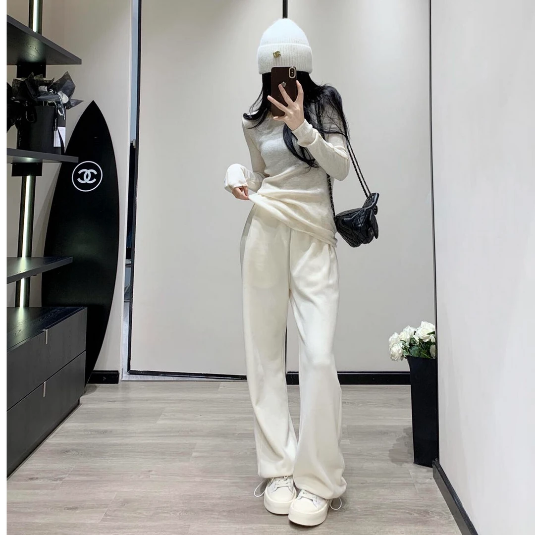 白色简约长袖套头上衣修身洋气休闲百搭宽松阔腿长裤秋季时尚套装