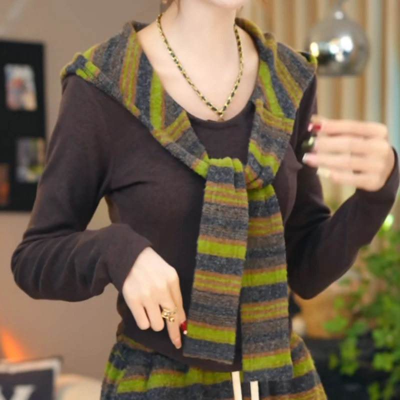 连帽披肩条纹撞色长袖秋冬修身显瘦短款上衣时尚百搭LK2507578