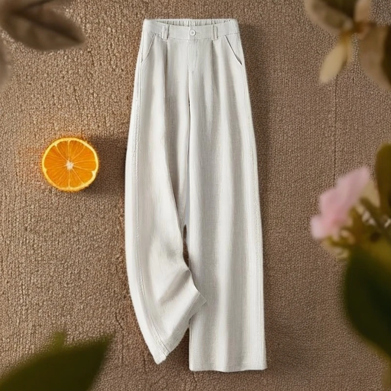 100亚麻裤女裤松紧腰阔腿裤夏薄款裤子休闲直筒韩系慵懒松弛感裤