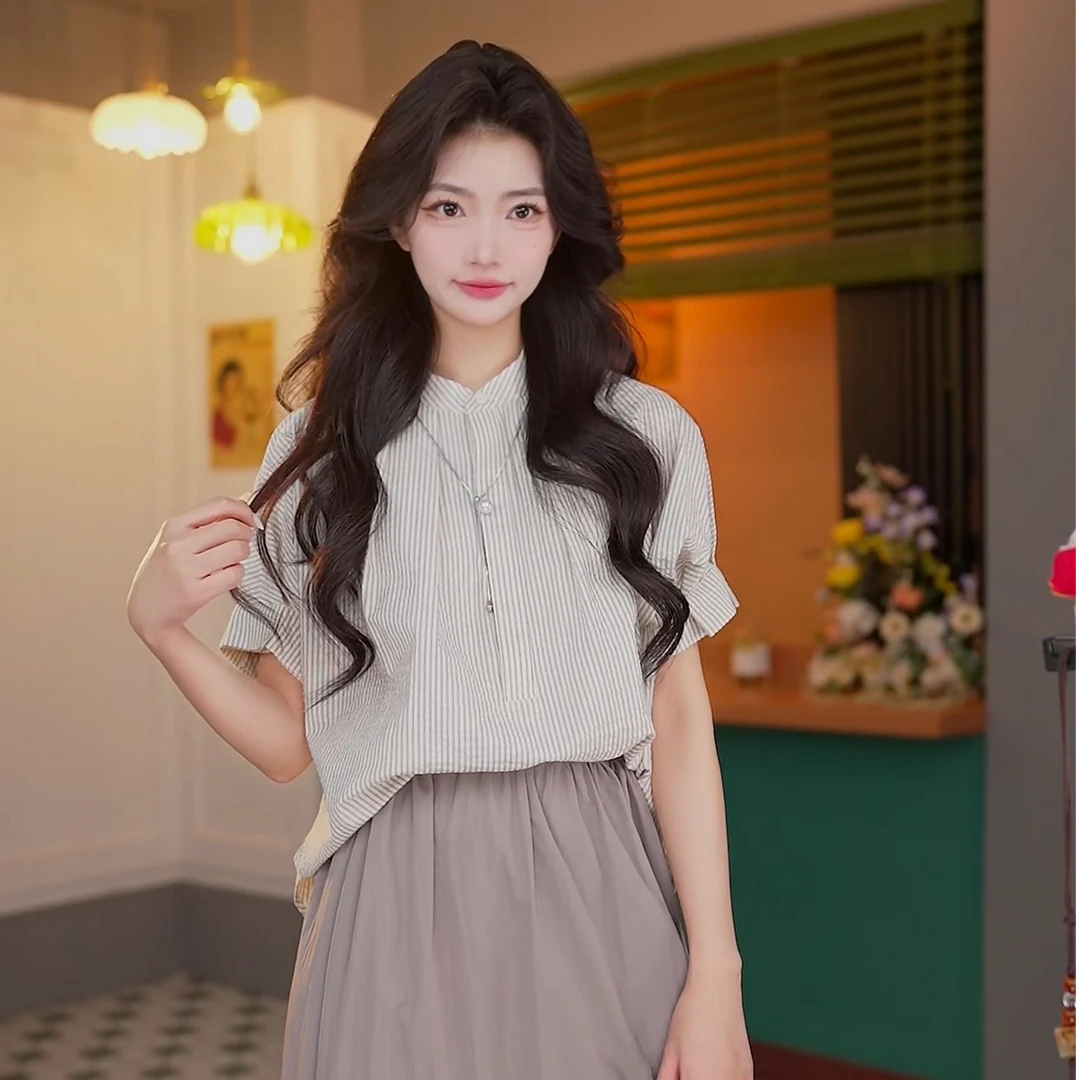 丁佳欣【云栖】气质通勤条纹短袖衬衫女宽松上衣D325404