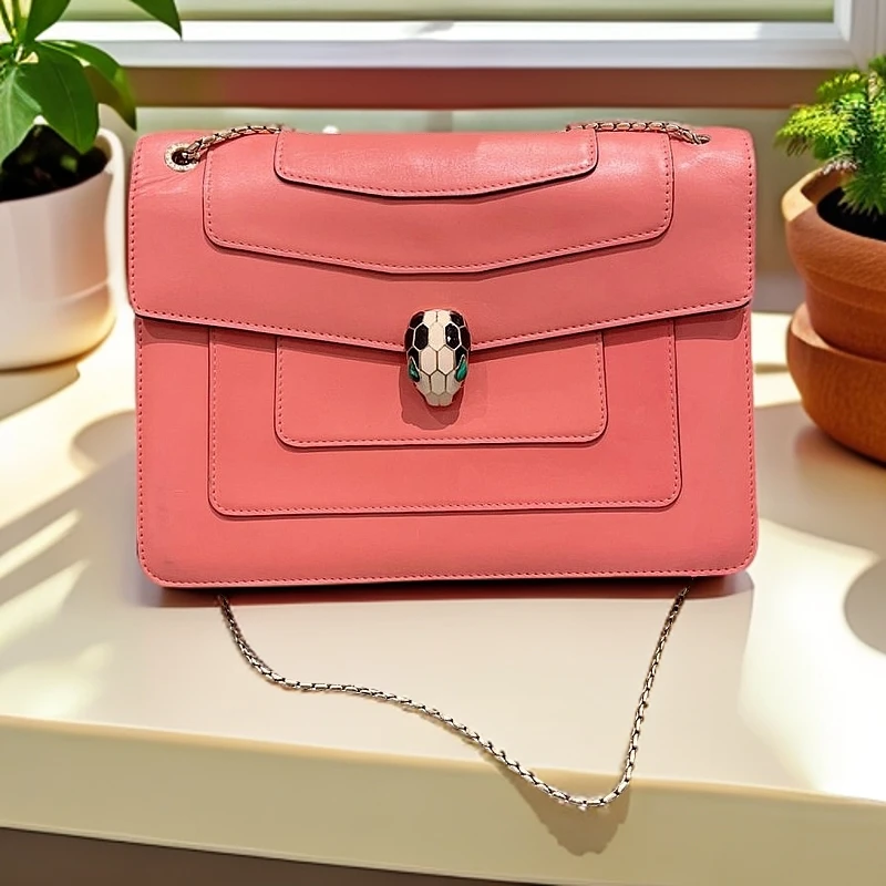 95新 BVLGARI/宝格丽 粉色蛇头链条包 1147 2301
