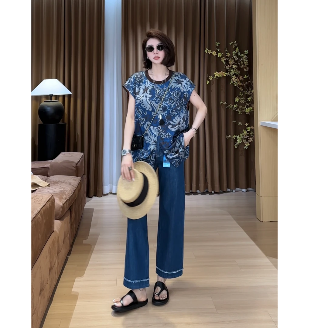 YYOUHAN 2025夏季小众设计极简风蓝底白花无袖百搭T恤 2505C2643