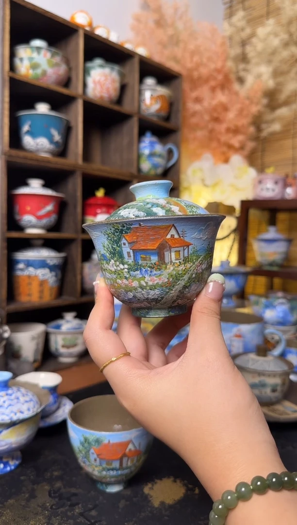 石一手绘风景画盖碗