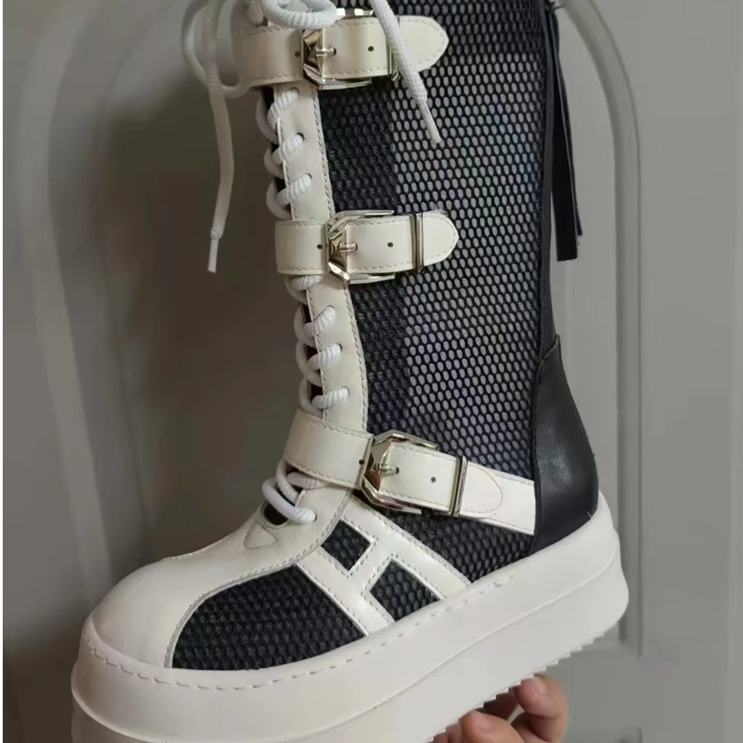 2025春夏秋新款真皮厚底黑白拼色欧美时尚个性潮流透气中筒潮靴