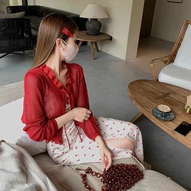 夏日时髦！浪漫蝴蝶边空调衫挑动编织花边防晒衫#8971