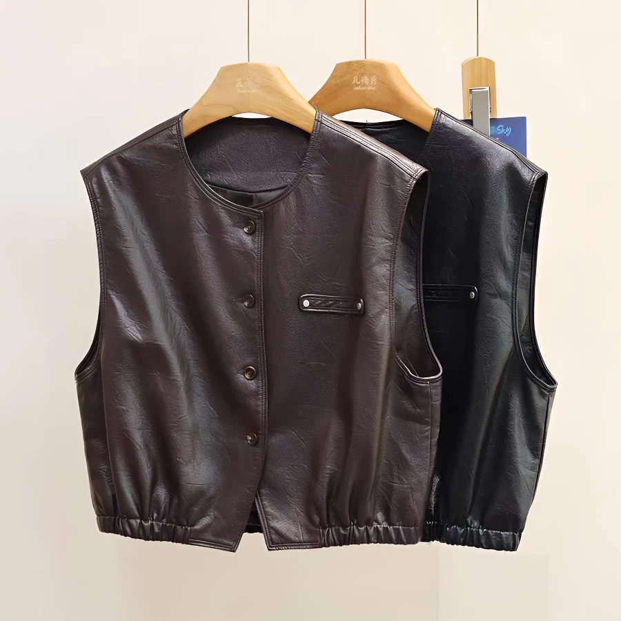 欧货复古PU皮马甲2025早秋新款无袖软蛋白皮坎肩#2501