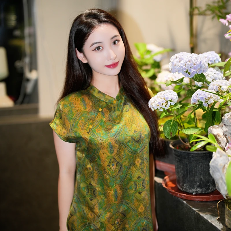 蓝大【​​竹雾​​​​】新中式桑蚕丝短袖7966