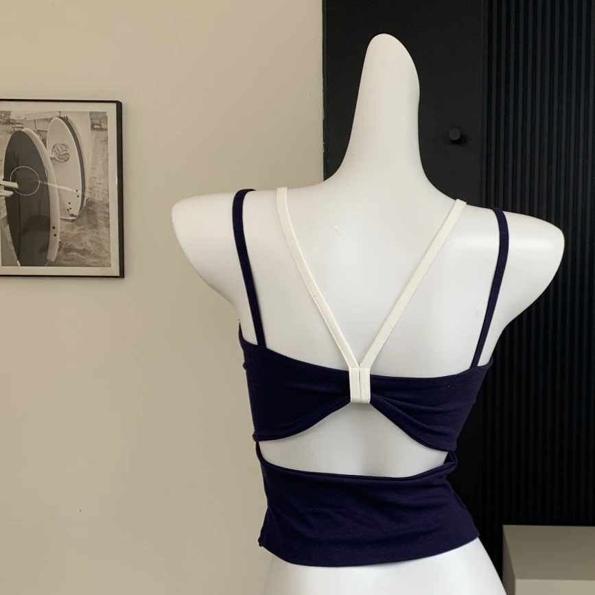 藏蓝色假两件外穿蝴蝶结镂空美背上衣女固定杯吊带多巴胺内搭Y