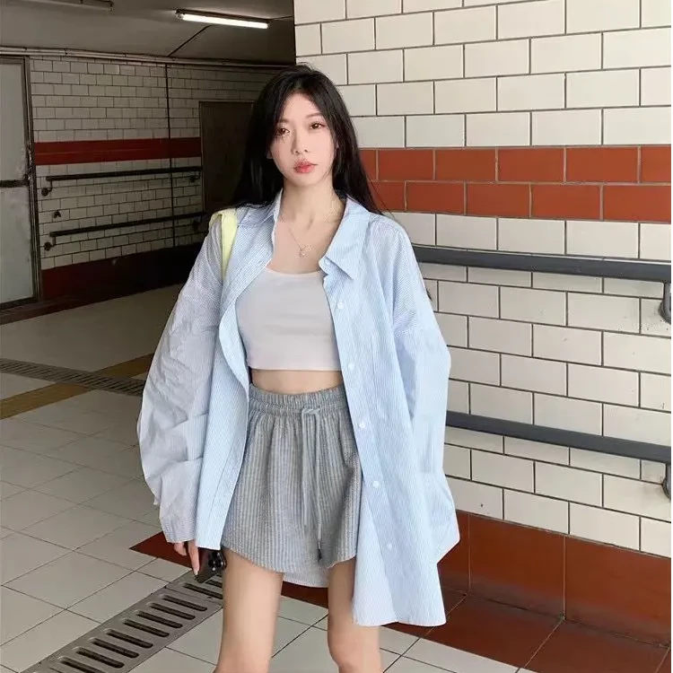 【免运费】2025韩系条纹衬衫外套女设计感宽松超大版型防晒长袖衬衣