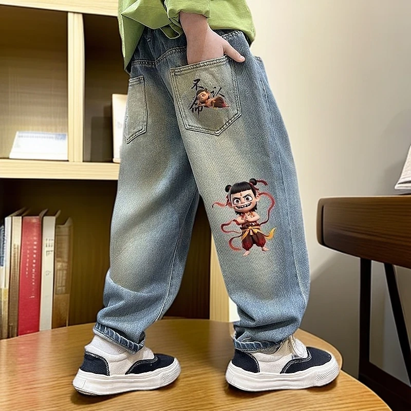 杰米熊男童牛仔裤春秋儿童2025新款儿童休闲裤子男孩春装哪吒长裤