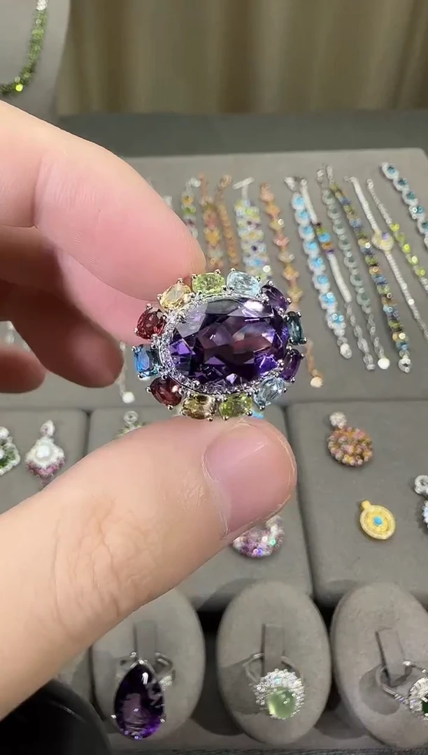 银S925镶嵌戒指紫晶10*14mm戒指多彩宝设计款