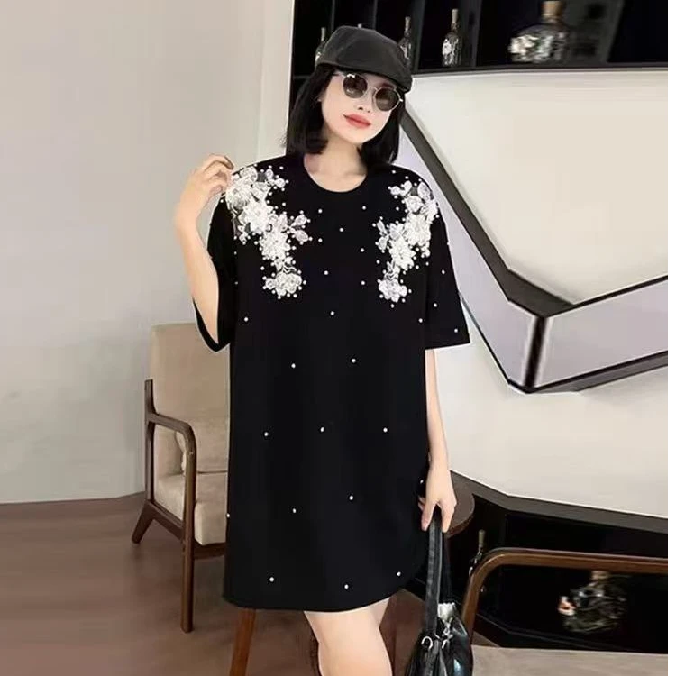 1802  2025新款时尚减龄百搭重工钉珠女装显瘦遮肉韩版短袖气质