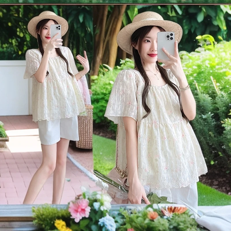夏季孕妇小清新甜美宽松显瘦大码孕妇娃娃衫绣花小清新碎花上衣
