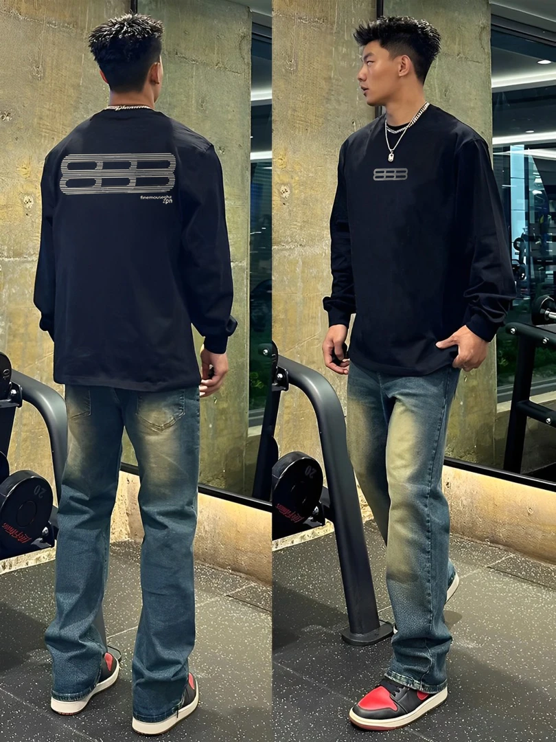 【重磅纯棉】秋冬新款时尚休闲宽松潮流复古百搭大码圆领男长袖T恤