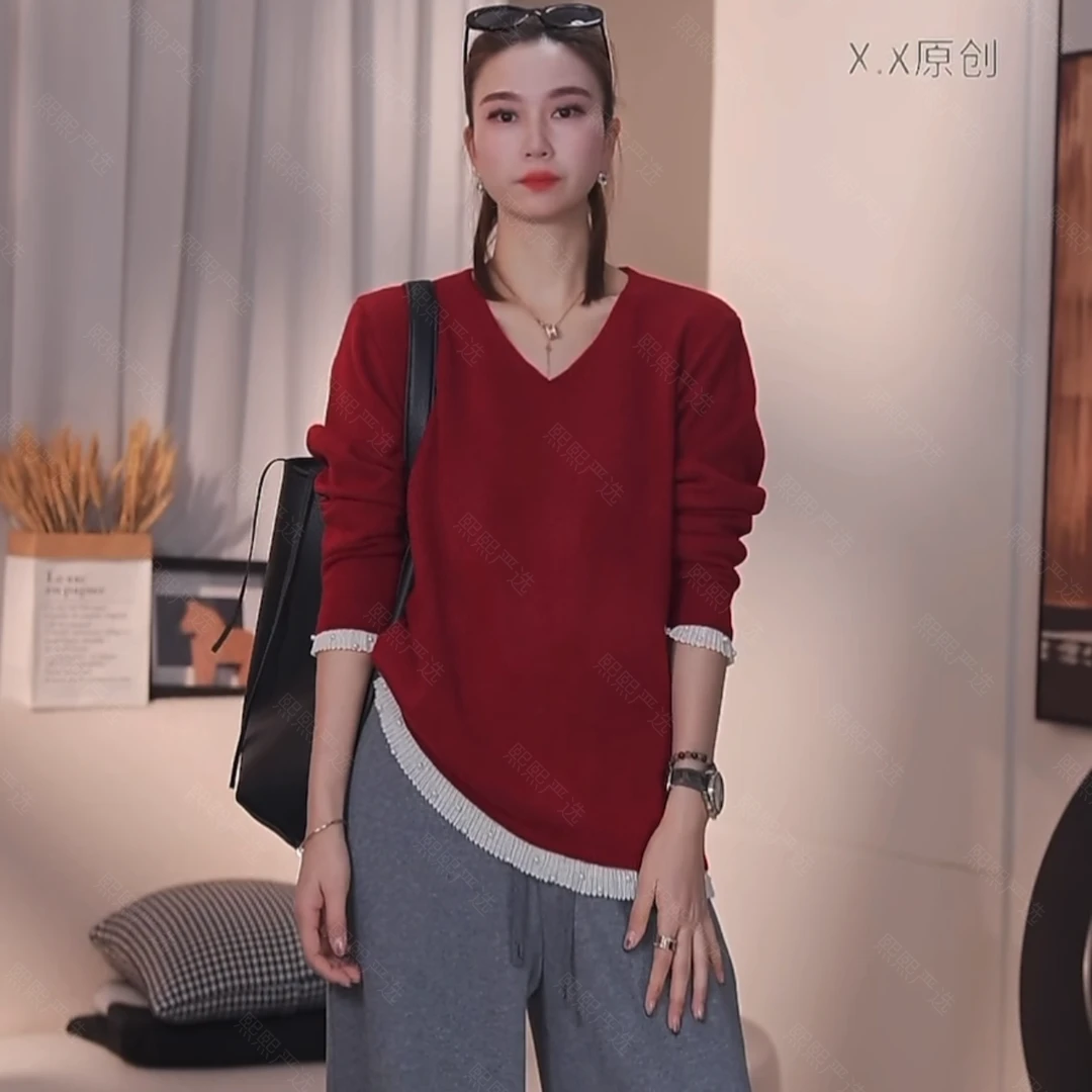 XX.YX（法式调调）氛围感法式钉珠蕾丝边慵懒V领羊-毛毛衣7530