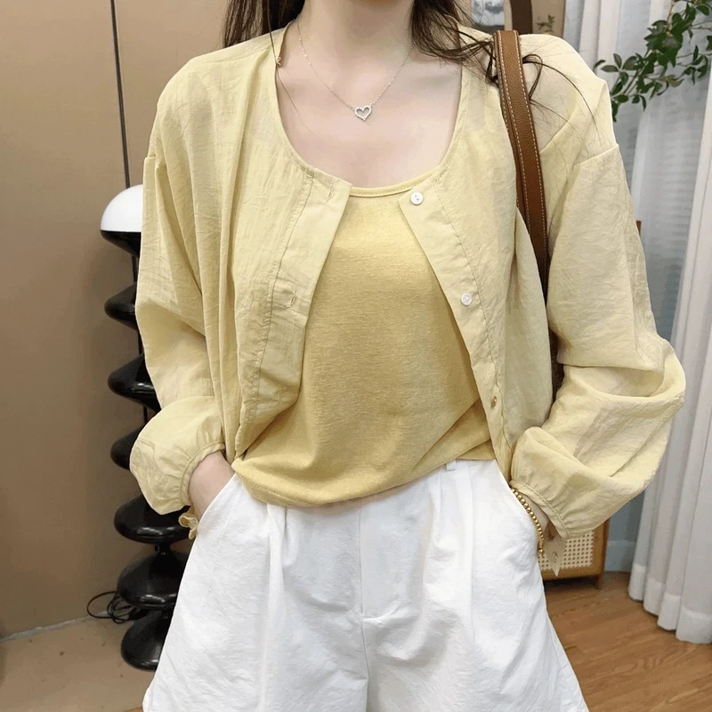 新款韩版2025夏季法式圆领衬衫薄防晒衣外套女吊带背心两件套装