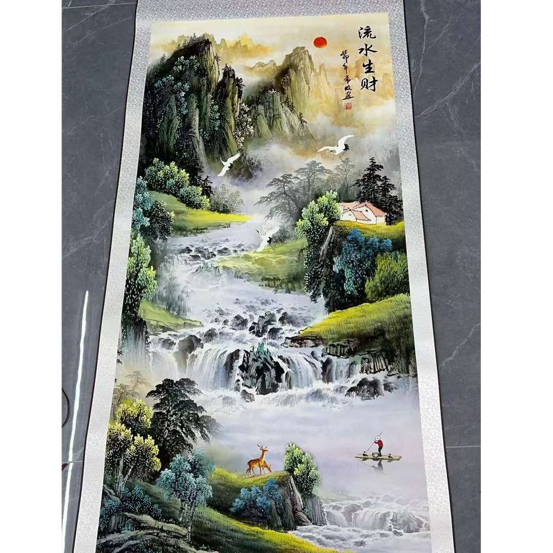 四尺（流水生财）高清数字还原玄关走廊中堂 居家装饰挂画