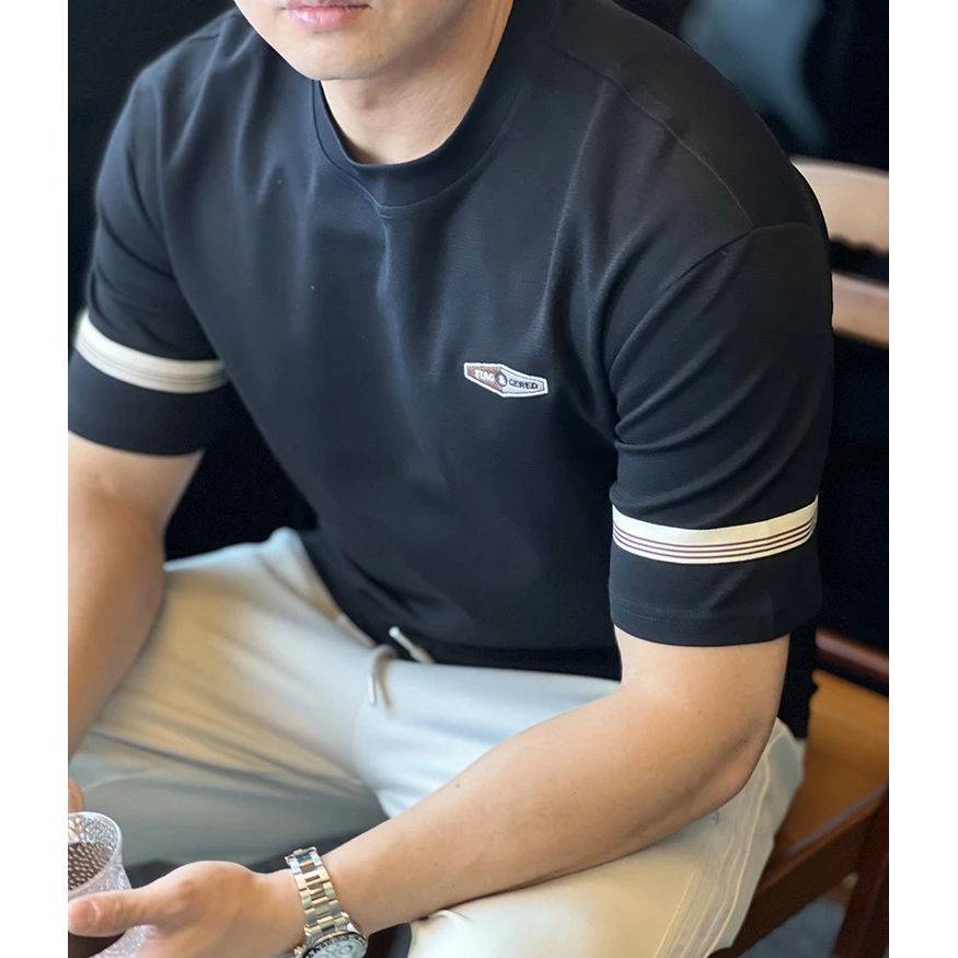 奥兰德保罗撞色刺绣条纹短袖T恤男士休闲运动打底衫通勤上衣春夏