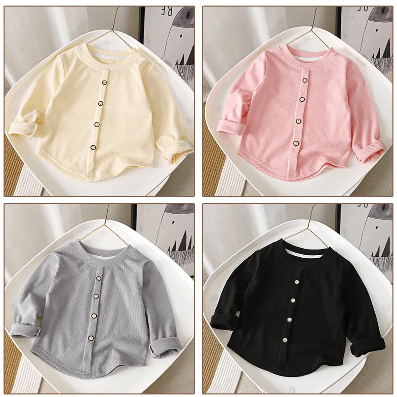 【颜色随机】韩版女童修身短款上衣秋季新款排扣长袖打底衫
