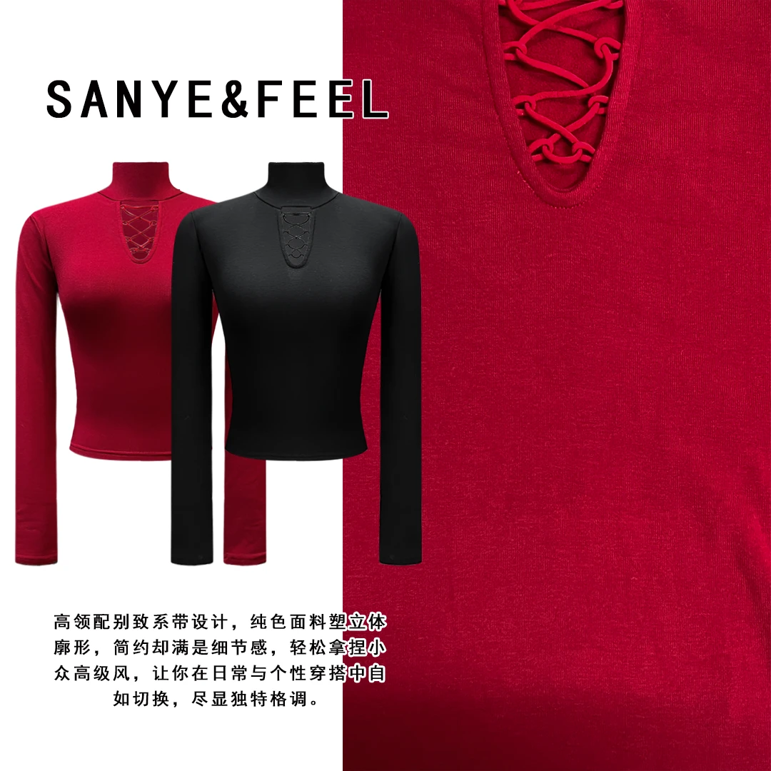 sanye&feel/妍三也【暗黑系带】高领加绒系带修身打底上衣540127YX