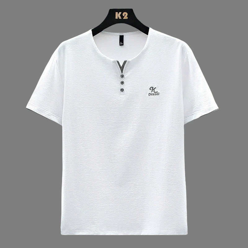 冰丝短袖t恤男夏季2025新款潮流薄款v领丝光棉半袖上衣冰感体恤衫