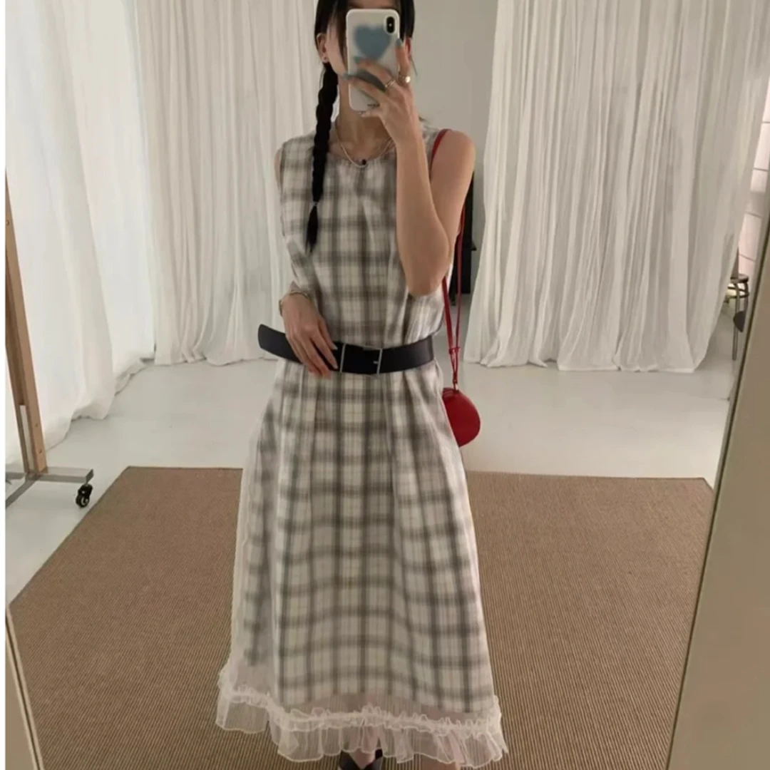 【格格】2025夏季新款时尚高级女装无袖格子连衣裙圆领设计感长裙