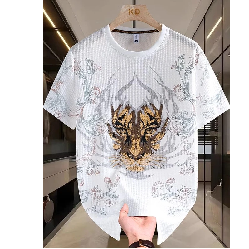夏季男款男士短袖T恤潮流虎头印花时尚冰丝凉感个性帅气潮牌百搭