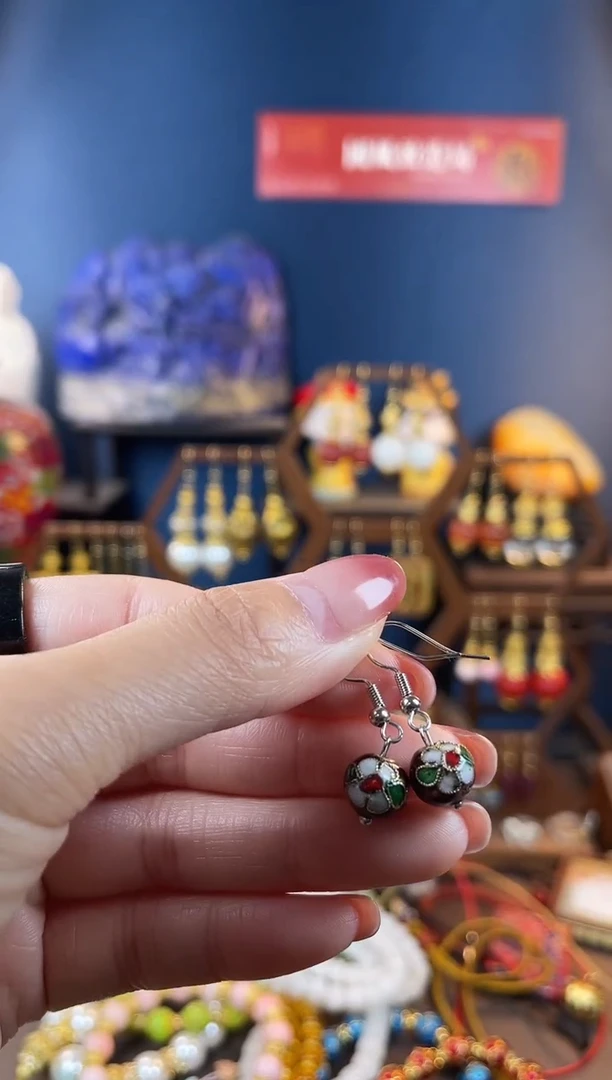 ，棕色珐琅景泰蓝耳钩