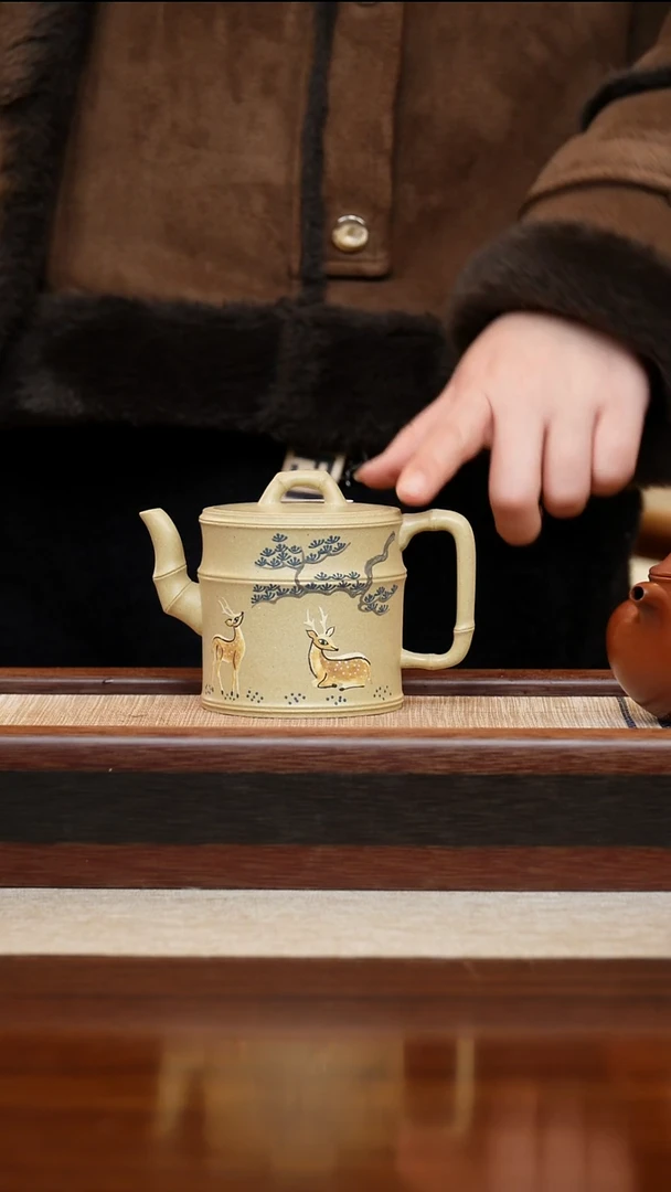 白段泥绘竹段200cc宜兴手工紫砂壶