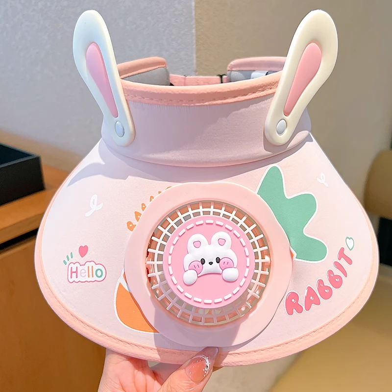 儿童可爱小兔女童带风扇防晒遮阳帽2025新款夏季户外卡通太阳帽子
