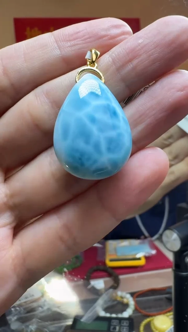 银S925镶嵌针钠钙石（海纹石）吊坠(不含链)海纹石水滴S925银镶吊坠