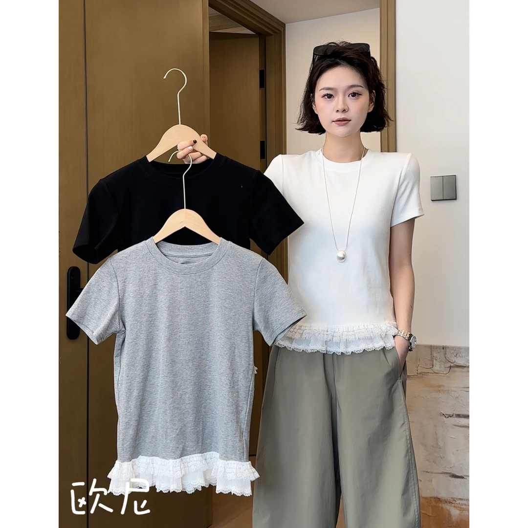 欧尼私服 2025春夏蕾丝花边圆领T恤设计感显瘦上衣2503C976