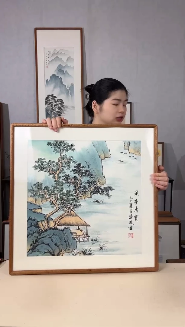 国画手绘*溪亭清赏*62*62cm实木框