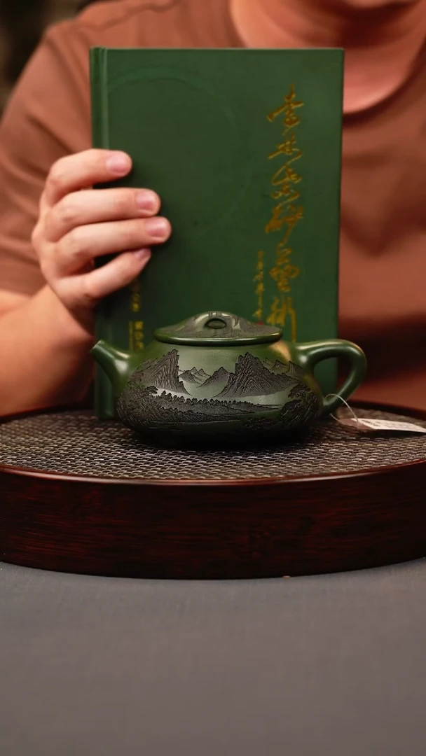 茶壶紫砂绿泥 景州石瓢 刻绘
