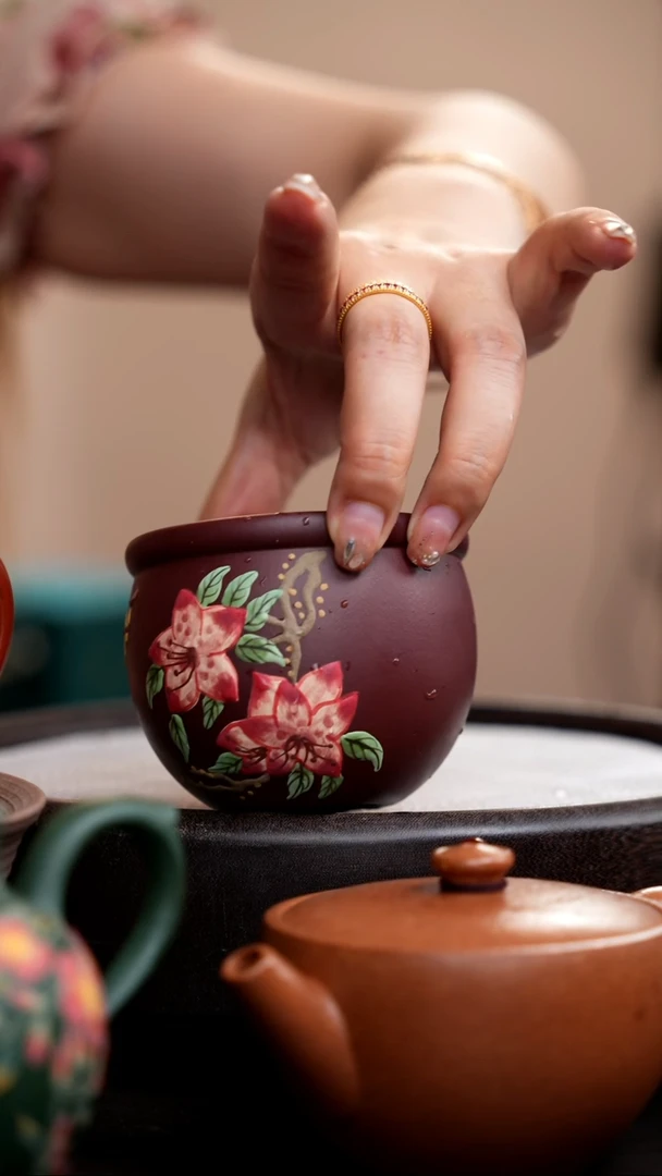 茶壶紫砂紫泥大缸杯泥绘双花