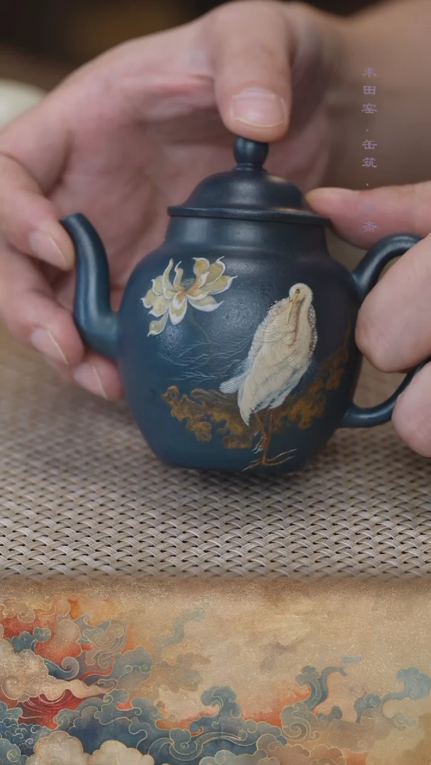 茶壶紫砂柴烧墨绿泥烟青白鹭160cc