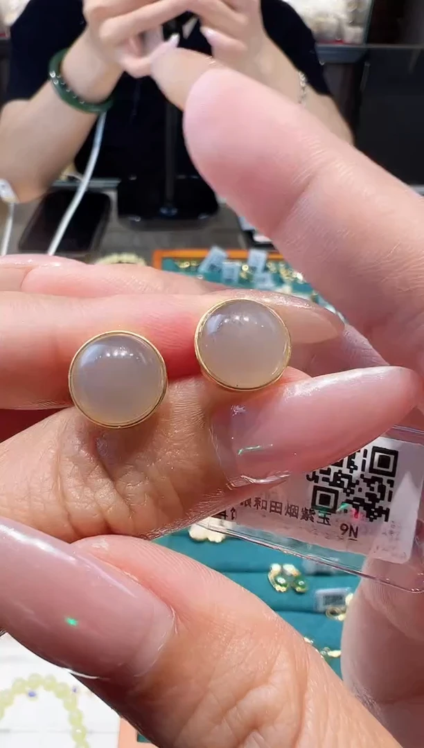 银S925镀金镶嵌和田玉（白玉）耳钉@@