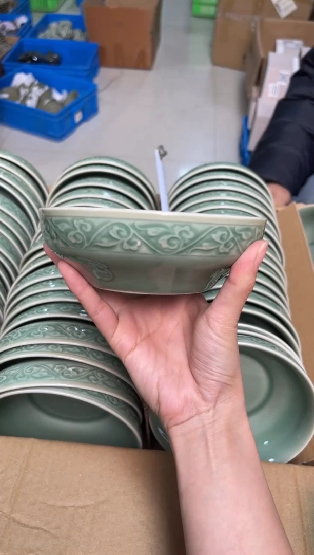 陶瓷耀州窑青瓷6英寸福字蒸碗   单只