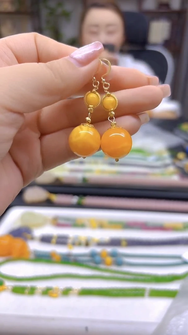 14K金镶嵌蜜蜡耳饰DIY款E496