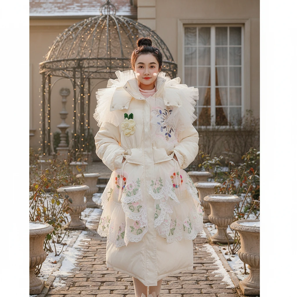 原创设计冬季新款收腰显瘦蕾丝花边连帽立体花朵保暖羽绒服外套女