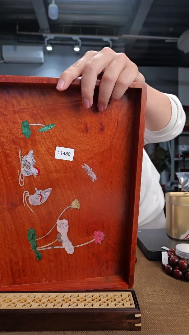 【闪购商品】大果紫檀（缅甸花梨）木雕大号螺钿果盘-11480-4040