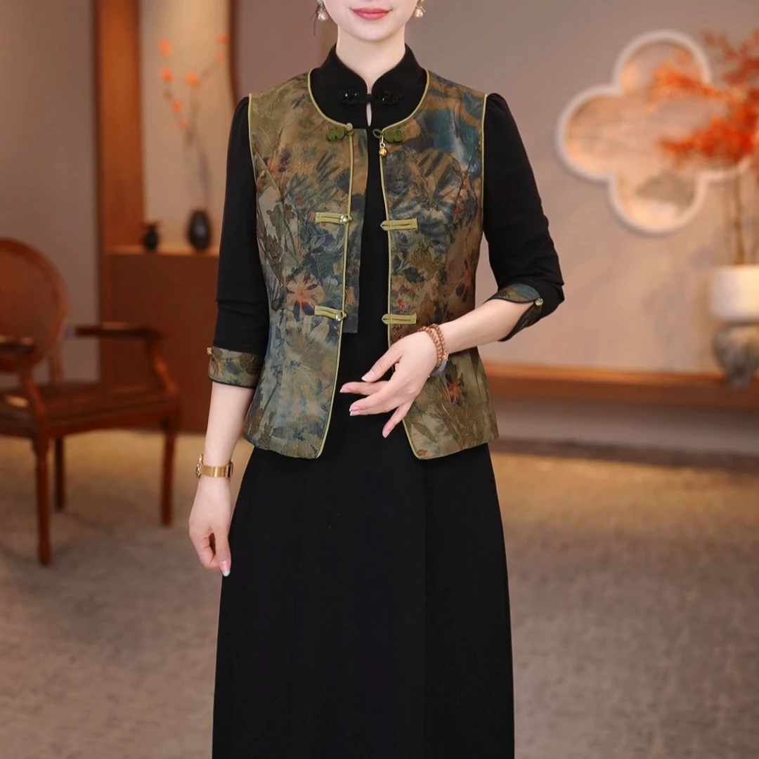 两件套2025春秋新款洋气改良旗袍妈妈装连衣裙（飞）K-25021609