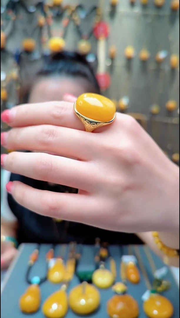 蜜蜡银S925镀金镶嵌珠宝奇石﹣A096蜜蜡戒指