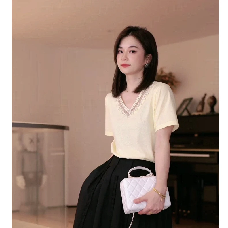 大胡子25年新款珍珠纯色短袖V领T恤时尚针织拼接百搭气质T恤87212