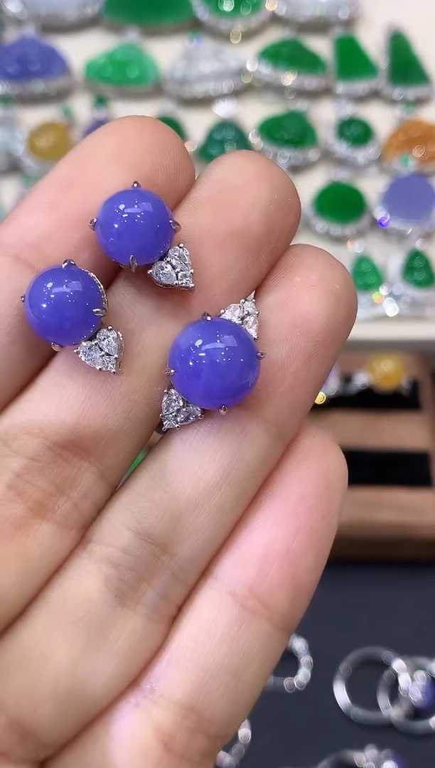 18K金镶嵌翡翠耳饰苏C1 戒指耳饰一套  紫货有色差