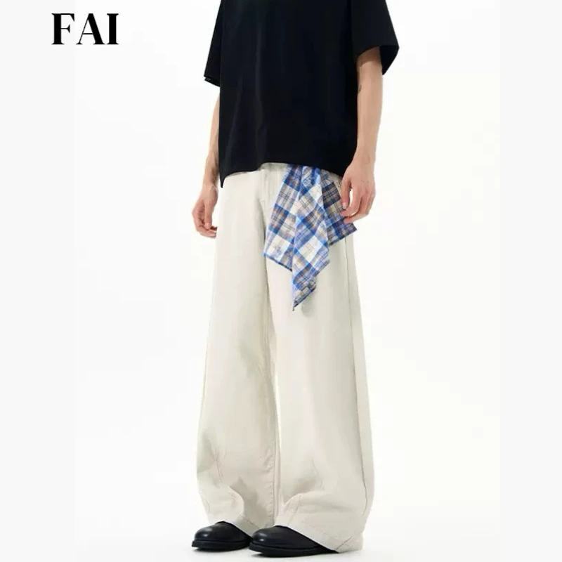 水洗巴黎米白色弯刀休闲裤男可拆卸方巾设计感做旧镰刀阔腿牛仔裤