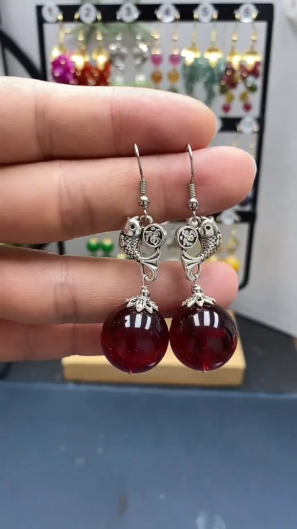 银S925镶嵌血珀耳饰尺寸18mmQ3